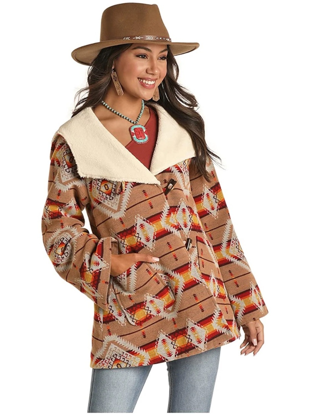 Powder River Outfitters Western Aztec Jacquard Wool Cape Coat, Tan Women’s Large